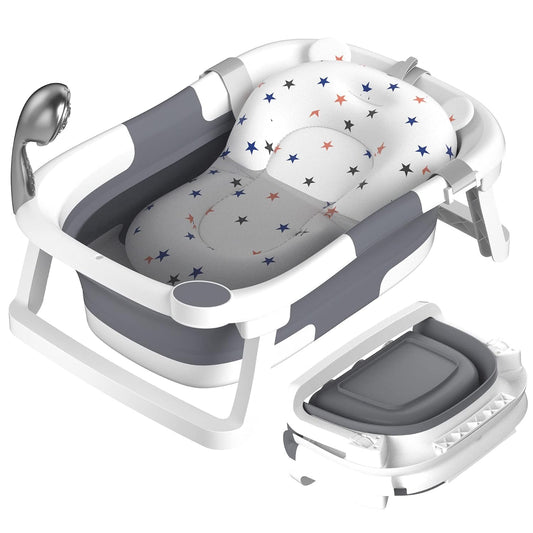 Mspyls Baby Bathtub Foldable，Baby Bath Essentials Baby Bathtub Newborn to Toddler Portable Travel Multifunctional Baby Bath Tub with Non-Slip Mat, Drain Hole(Grey + Bath Mat)
